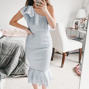 asos ruffle one shoulder polka dot midi dress